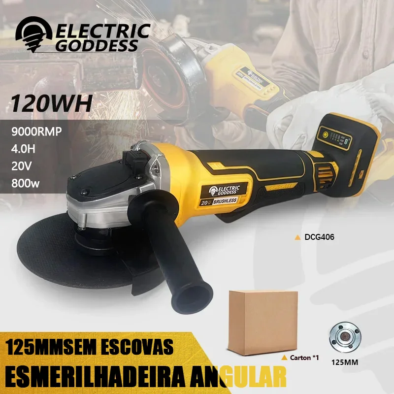 Deusa Elétrica com Cabo Maglev Brushless, Ângulo Recarregável para Dewalt, Bateria 20V, 125mm, DCG406