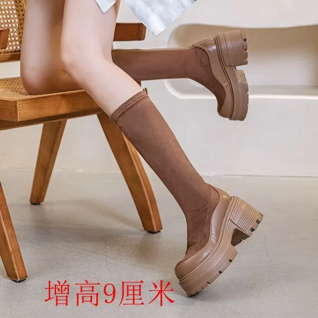 Fujin 8.5cm 2024 Stretch Fabric Synthetic Women Autumn Platform Wedge Round Toe Knee High Boots High Brand Spring Shoes Slip On