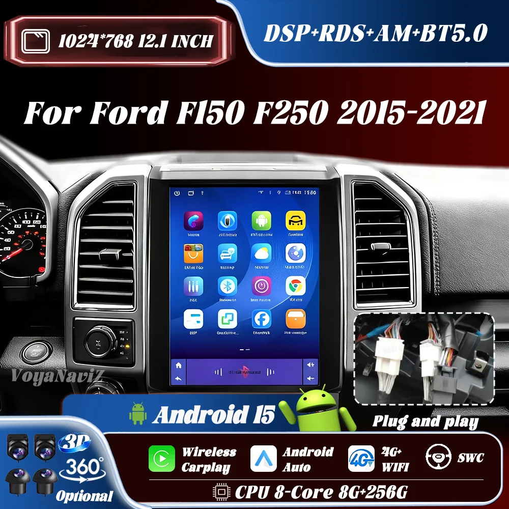 12.1''IPS Touch Screen Android 15 For Ford F150 F250 2016-2021 Car Radio Multimedia Player Wireless Carplay DSP BT GPS 4G Stereo