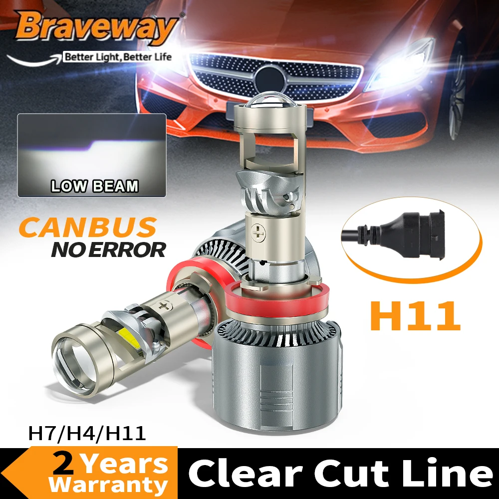 BraveWay Auto-LED-Scheinwerferlampe mit integrierter Projektorlinse H4 H7 H11 600 % superhell, hohe Lumenleistung, Fern-/Abblendlicht, 30.000 Stunden lange Lebensdauer, 6063 Aluminium-Wärmeableitung,