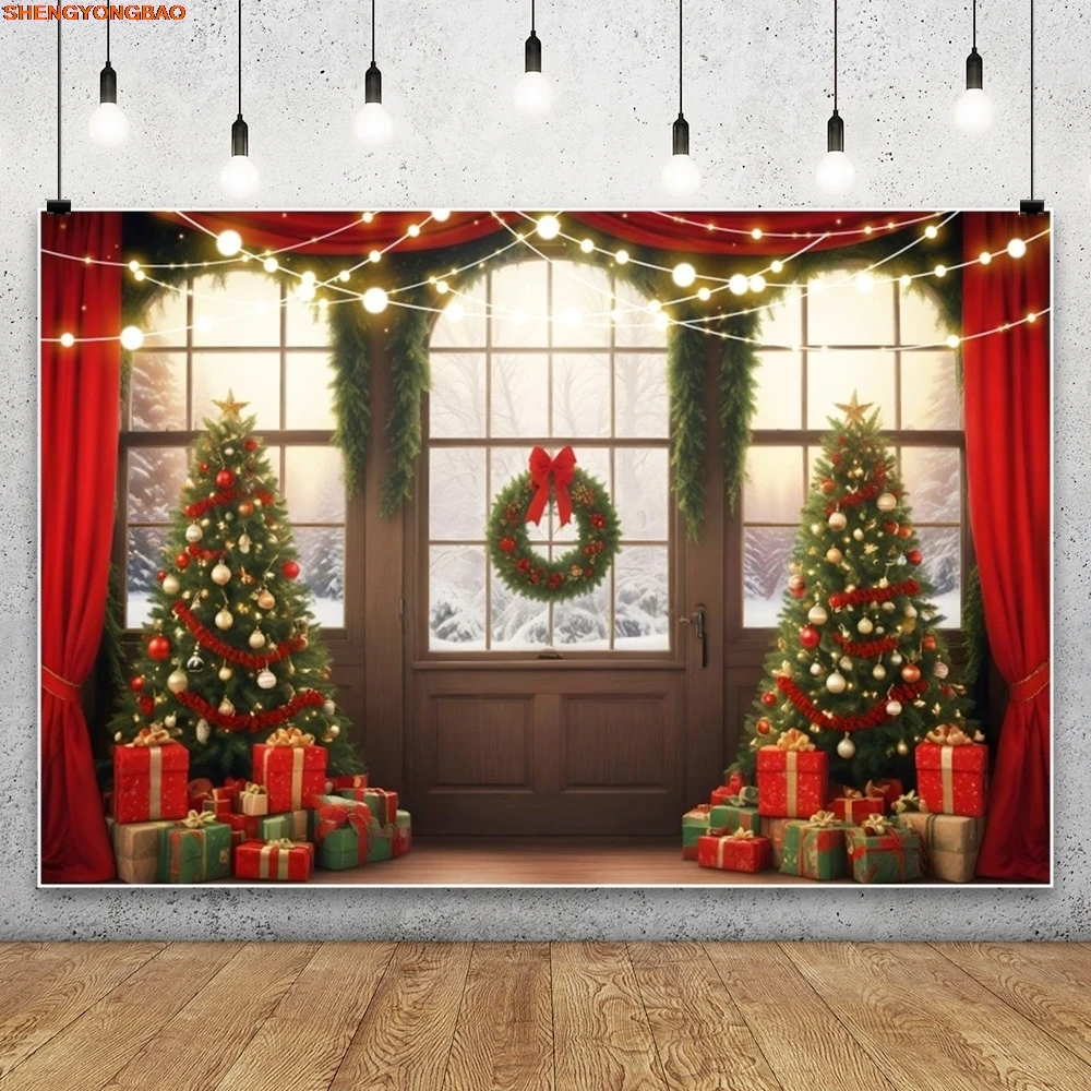

Christmas Photography Background Glitter Lights Xmas Tree Gifts Window Red Curtain Wreath Kids Family Photocall Background Decor