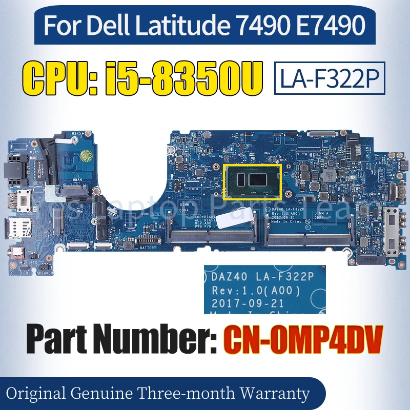 DAZ40 LA-F322P For Dell Latitude 7490 E7490 Laptop Mainboard CN-0MP4DV SR3L9 i5-8350U Notebook Motherboard 100％ Tested