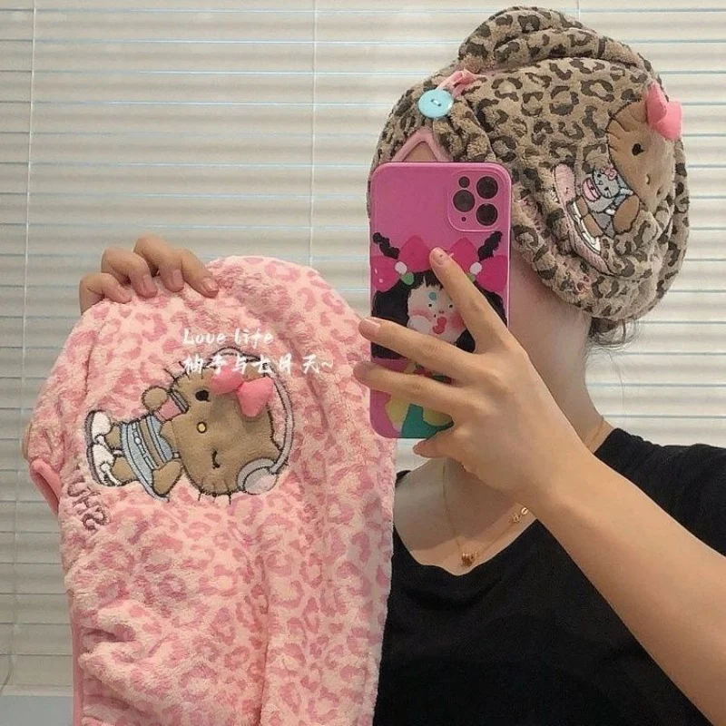 

Sanrio Hello Kitty с леопардовым принтом, пушистый коралловый флис, утолщенное полотенце для сушки волос, быстросохнущий платок для мытья волос, подарок для пары девушек