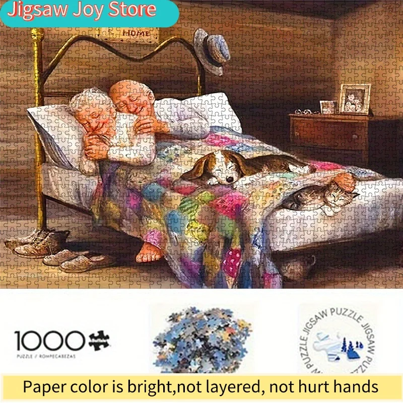 

DIY Jigsaw Puzzle - Sweet Dreams of Elderly Couple & Pets, High-Quality Cardboard, Portable, Intermediate Skill, Ideal for Fa