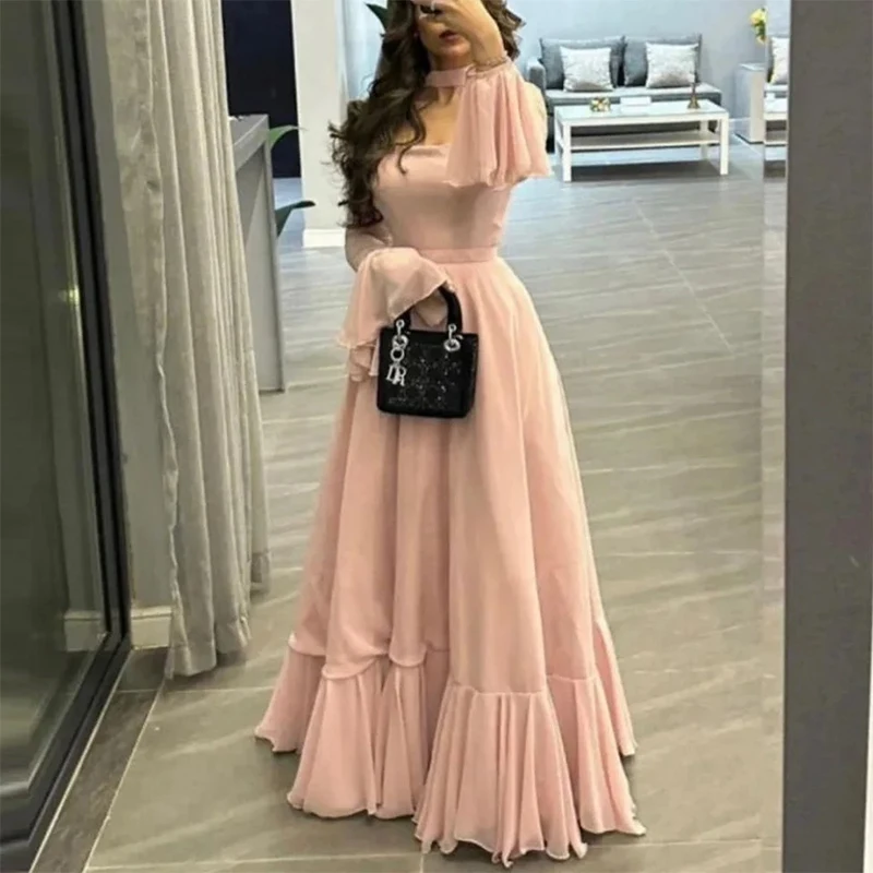 Fashion Halter Square Neck Formal Evening Dresses Women flounce Trumpet sleeve Prom Dresses Customized robes de soirée