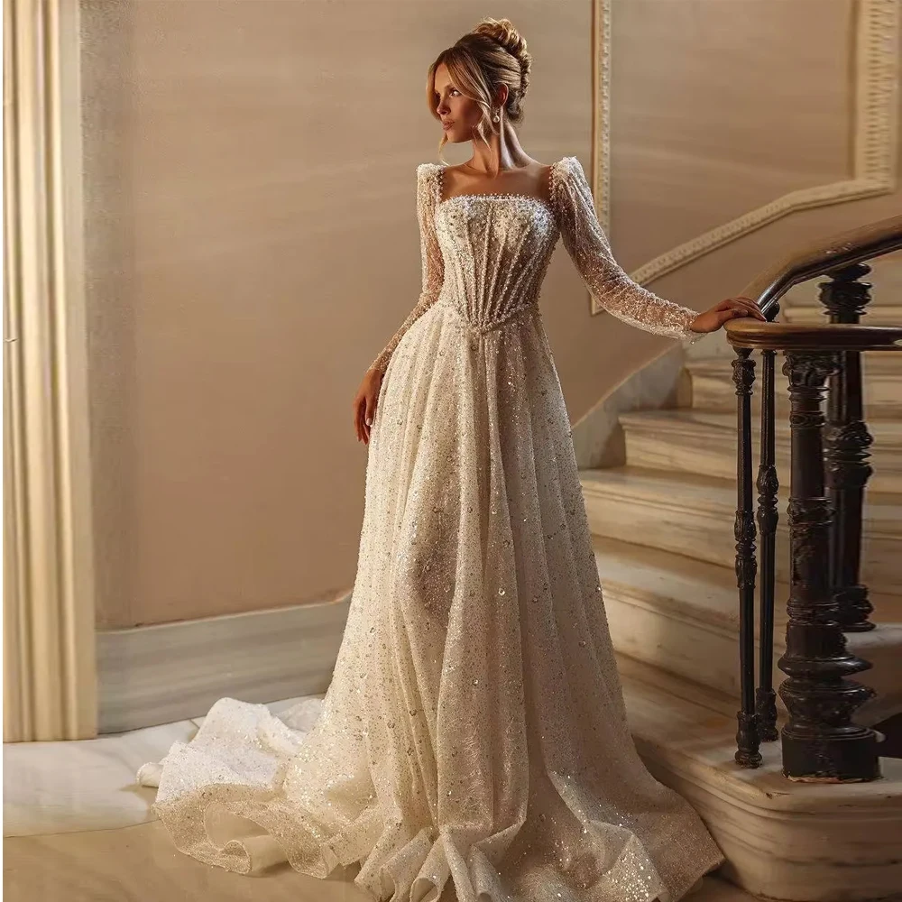 Customized Modern Shiny Long Sleeved Wedding Dress For Woman Bride Pearl Lace Square A-line Bridal Gown