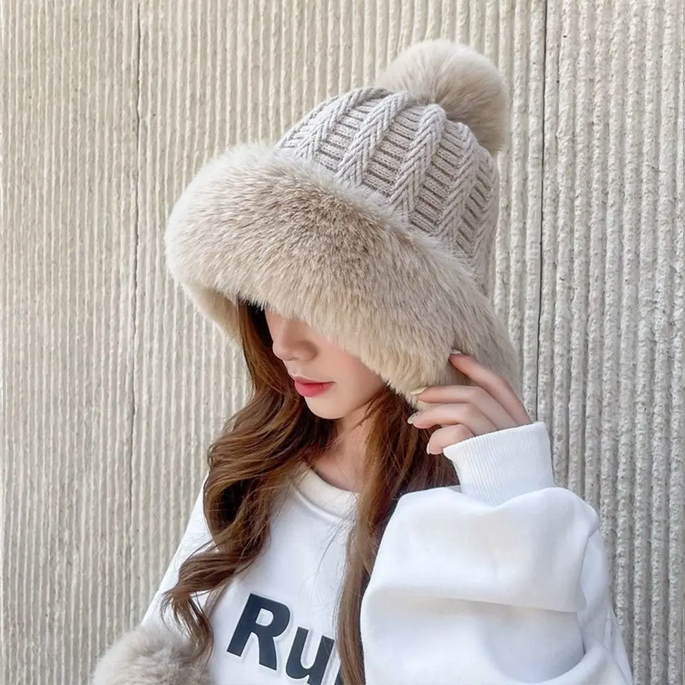 

Casual Windproof Knitted Plush Hat Coldproof Thickened Beanies Cap Keep Warm Ear Protection Hat for Women Girls