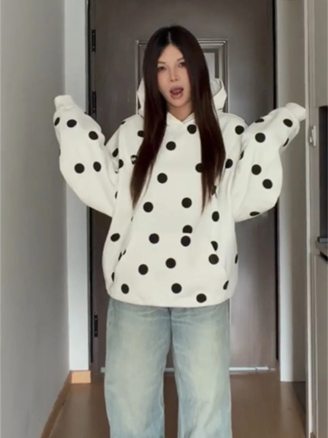 Korean Style Polka Dot Print Hoodie Women's Lightweight Loose Casual Outerwear Early Autumn Thin Model Lazy Style Streetwear