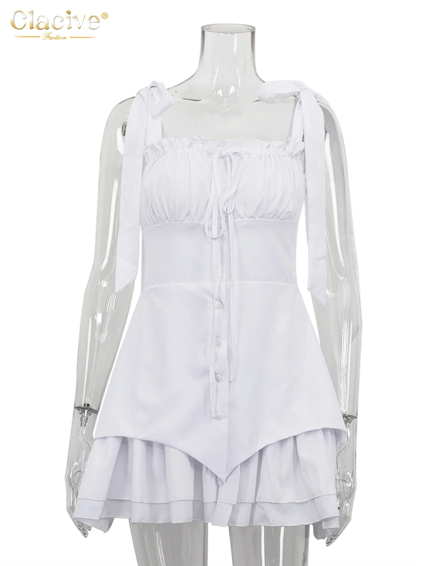 ClacMarkets-Mini robe plissée à lacets pour femmes, robe blanche mince, robes en fibre à bretelles, élégante, classique, mode féminine, été, 2024