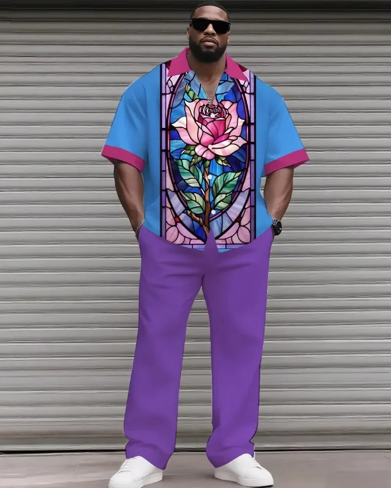 

S-9XL Big & Tall Men Vintage Floral Stained Glass Rose Print Short Sleeve Shirt & Solid Color Pants 2Pcs Set