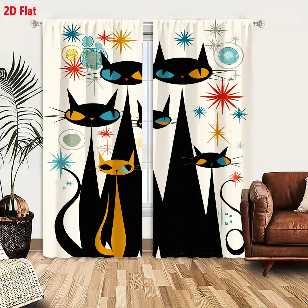 2Pcs Curtains 2D Flat Six Black Cats Mid Century Modern Illustration Retro Geometric Starbursts Abstract Atomic Age Window Drape