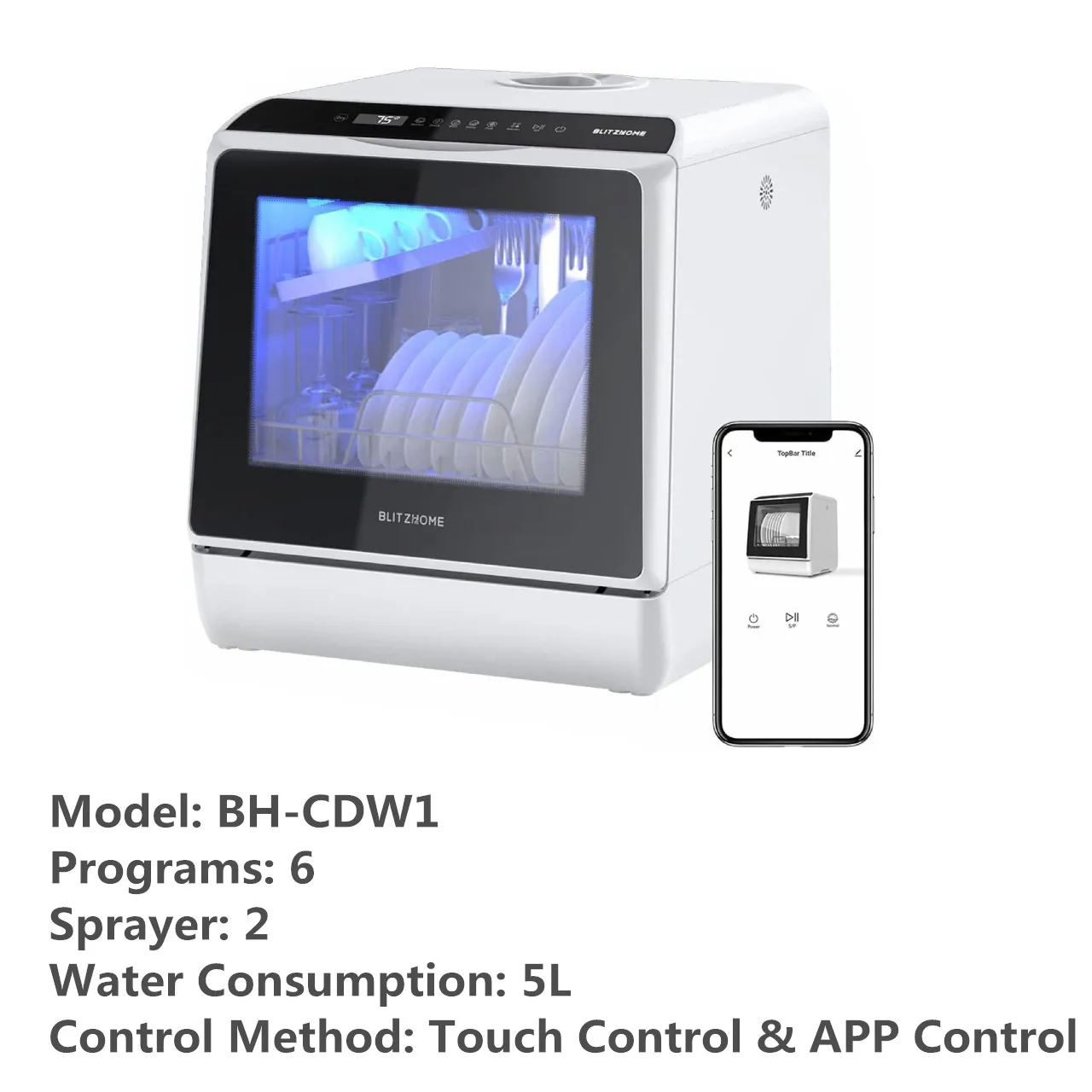 BLITZHOME BH-4-CDW Compacte slimme aanrechtvaatwasser APP-bediening 8 programma's 3D 360 °   Dubbele spray met ingebouwde watertank van 5 liter