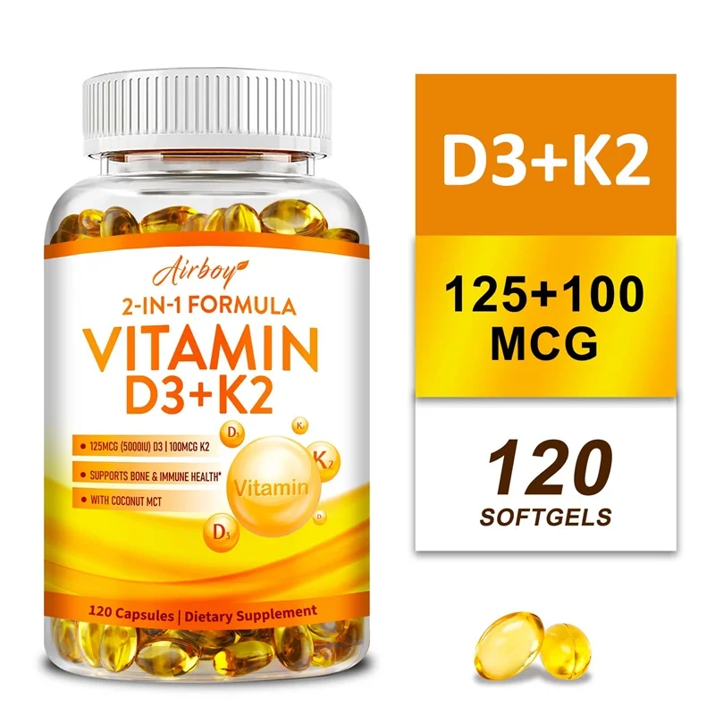 Vitamin D3 + K2 Capsules - Help Regulate Calcium Metabolism Promote Heart Bone Teeth and Skin Health Support Immunity