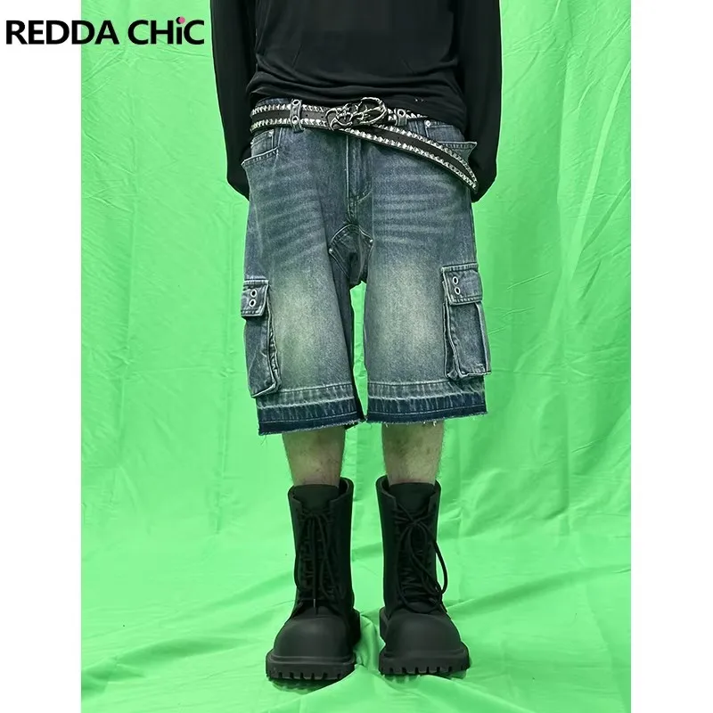 REDDACHIC الرجال جيوب كبيرة شعيرات واسعة الدنيم السراويل تفعل الثقوب المتوترة القديمة ديكور الركبة طويلة السراويل البضائع غير رسمية خمر الشارع الشهير