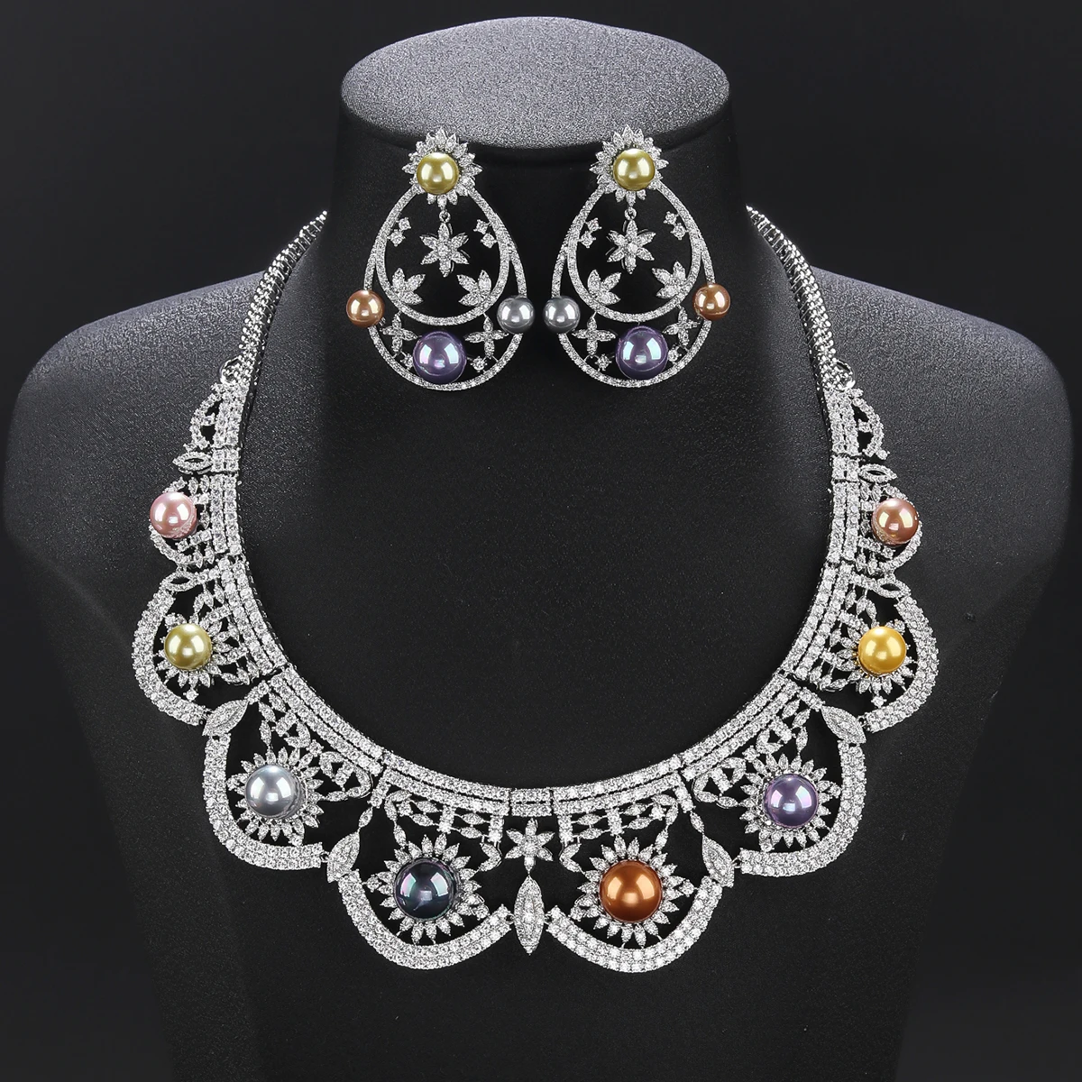 Luxury Cubic Zirconia Colors Pearl Sun Flower Necklace Earrings Jewelry Sets Bridal Wedding Accessories CN11595