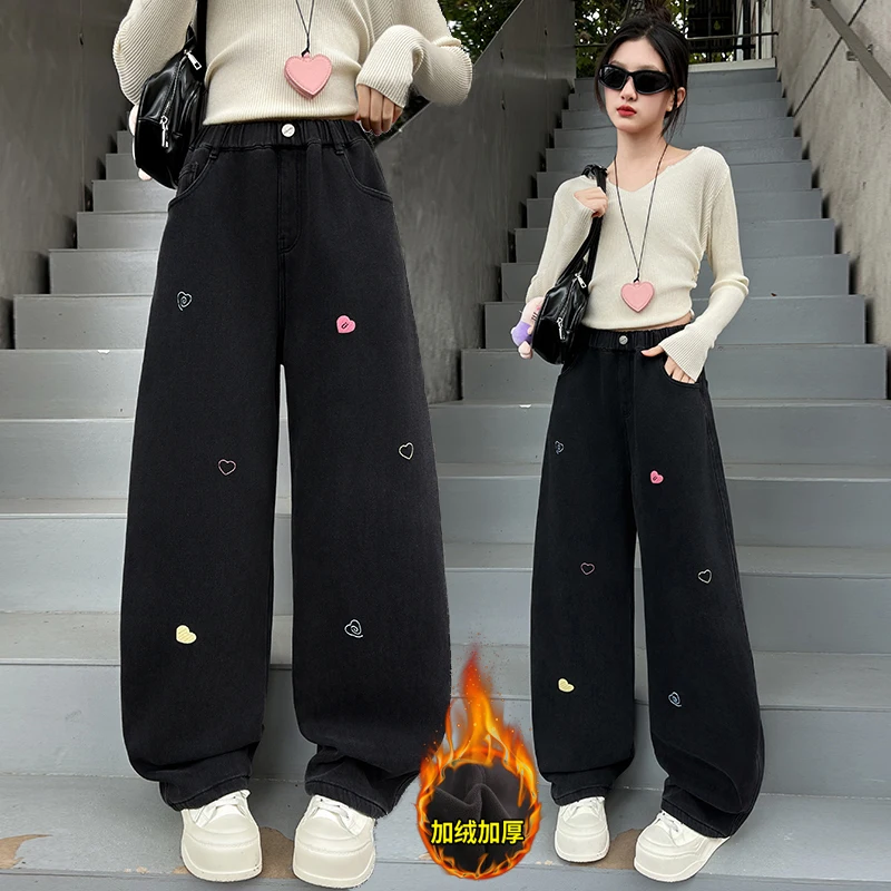 

Fashion Teenager Girls Denim Wide Leg Pants Children Trousers Autumn Winter Love Pattern Girl Jeans 4-14Y Kids Insulated Clothes