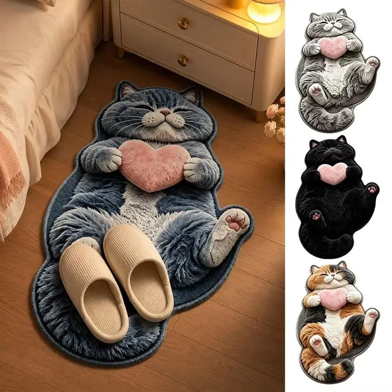 VIKAMA Cat Rug Kitten Holding Heart, Soft Floor Mat Bedroom Living Room, Blue Gray White Calico Cat Style, Non Slip, Pet Decor