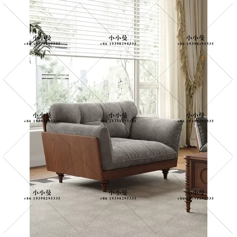 Solid Wood Chenille Fabric Sofa Medium Antique Oak Style Soft Upholstered Straight Row Couch for Small Apartment Living Room