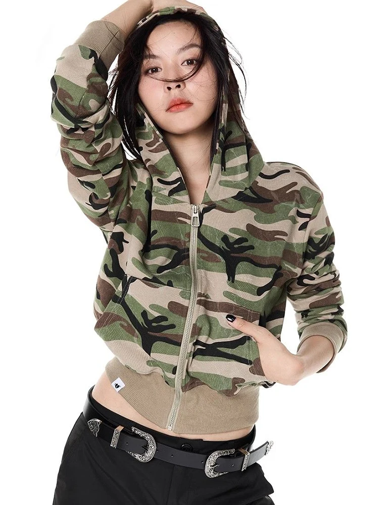 

Y2K Vintage Cropped Camouflage Hoodies Women American Streetwear Sexy Slim Sweatshirts Long Sleeve Harajuku Casual Tops