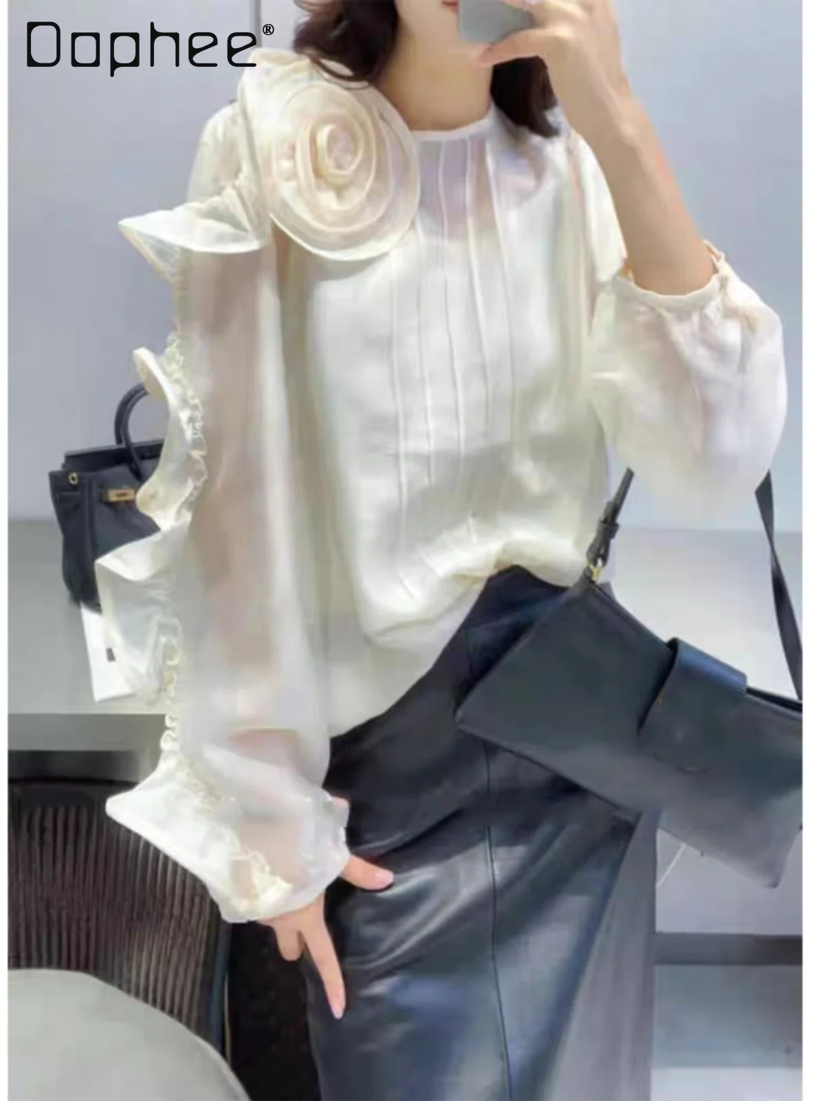 Elegancka damska koszula z długim rękawem, wiosenna, nowa europejska moda, francuska, luksusowa, trójwymiarowe kwiaty, luźna, wyszczuplająca koszula.