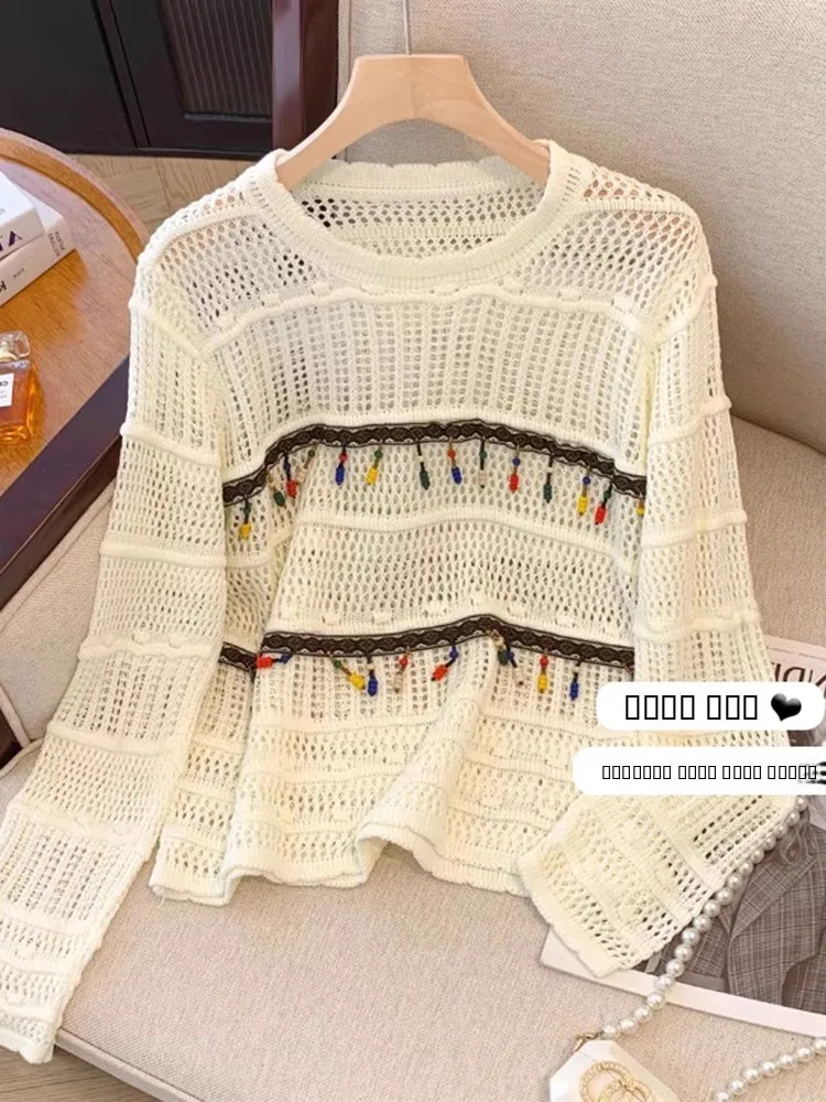 

Spring 2025 New Sle Women's Long Sve round Ne ort Knitted Sweater Hollow out Design Thin Layer Ethnic Wind Top
