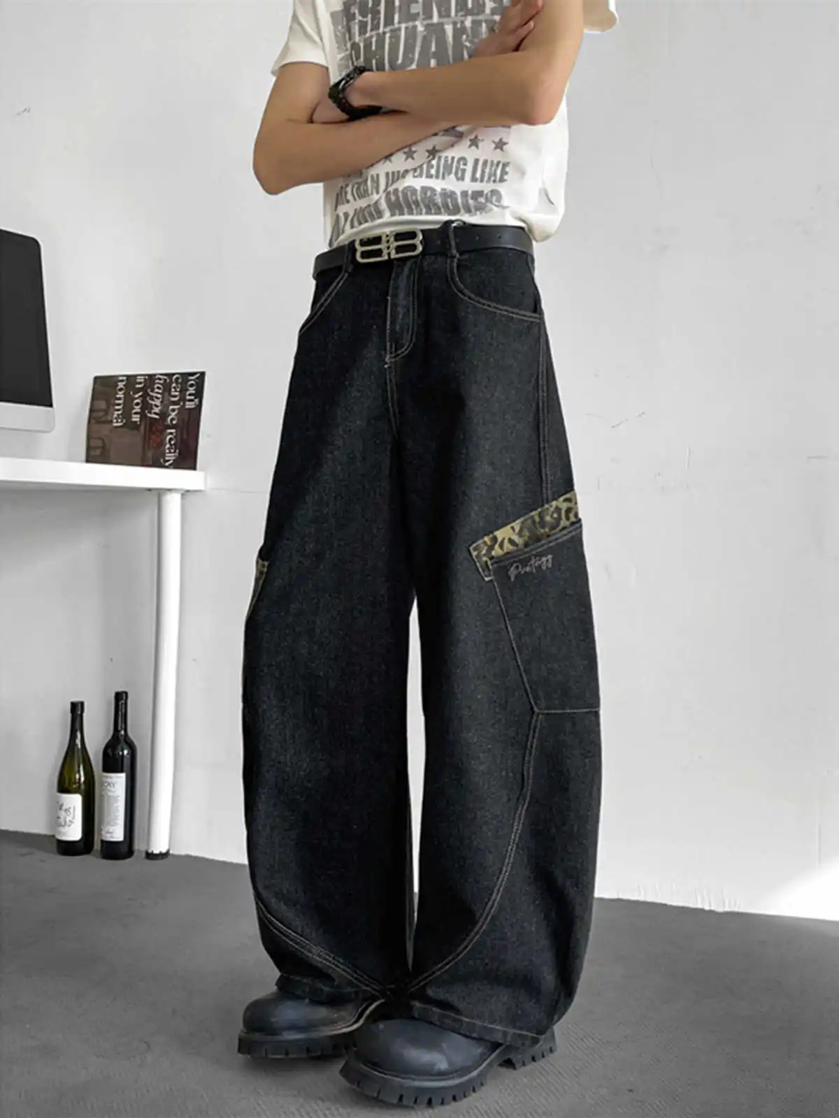 Men's Leopard Print Patchwork Pocket Design Denim Pant Cityboy Streetwear Baggy Jeans Fashion Bottoms Retro Male Loose Trousers