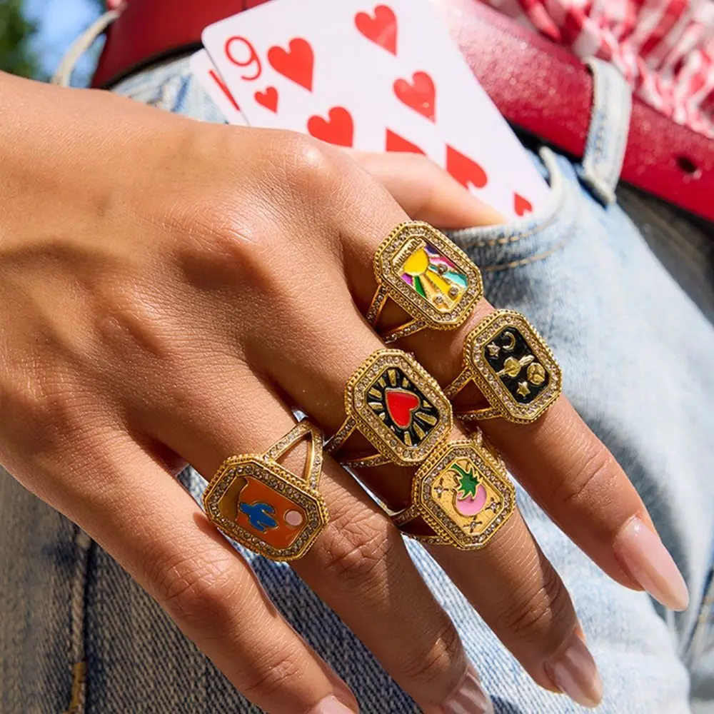 

18K Gold Plated Heart Stainless Steel Ring Sun Moon Geometric Open Ring Titanium Steel Geometric Jewelry Accessories