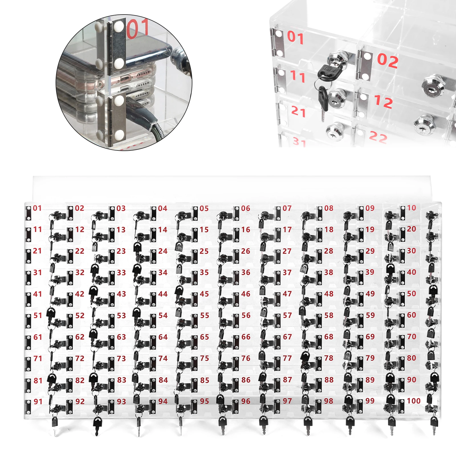 100 Slots Cell Phone Storage Box with Door Locks and Keys Cell Phone Storage Locker Box Clear Acrylic for School Factory Office