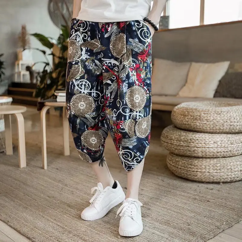 Summer Oversized Beach Shorts Korean Version Men's High-Quality Business Travel Loose Print Pattern Cropped Casual Radish Pants