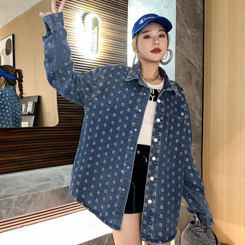 Heavy Industry Diamond Denim Shirt Loose Boyfriend Style Flip Collar Coat Women's Street Style Water Jacket Denim Coat 2024 New