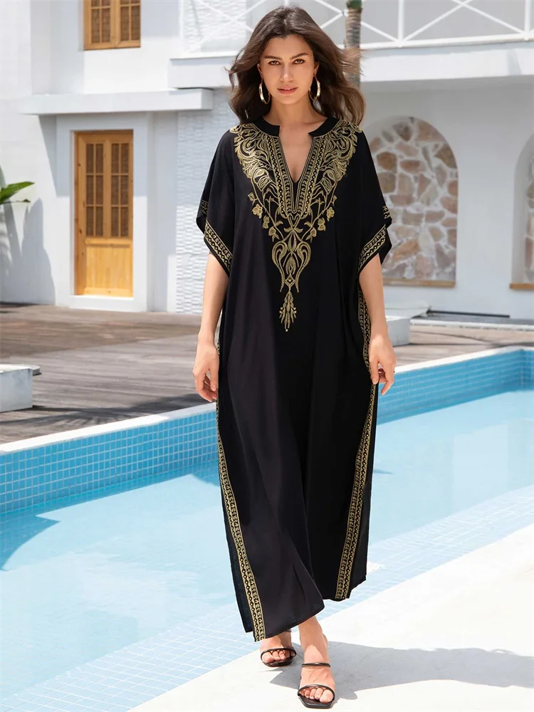 2024 Damska sukienka plażowa Plus Size V Neck Black Kaftan Floral Embroidered Dress Holiday Beach Swimwear Cover Up Turkish Robe Q1735