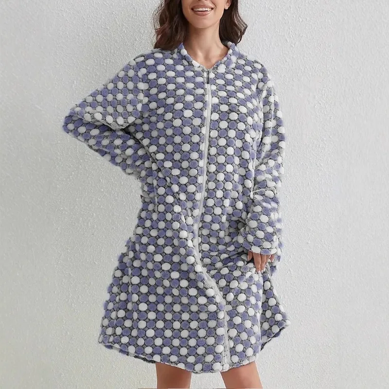 Women's Casual Long Sleeved Flannel Nightgown Thickened Thermal Zipper Pajamas for Autumn Winter Robe with Pockets