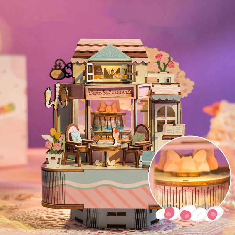 Fai da te torta in legno negozio di dolci carillon puzzle 3D i kit di modelli in miniatura possono spostare il puzzle per i bambini regali di natale decorazione della casa