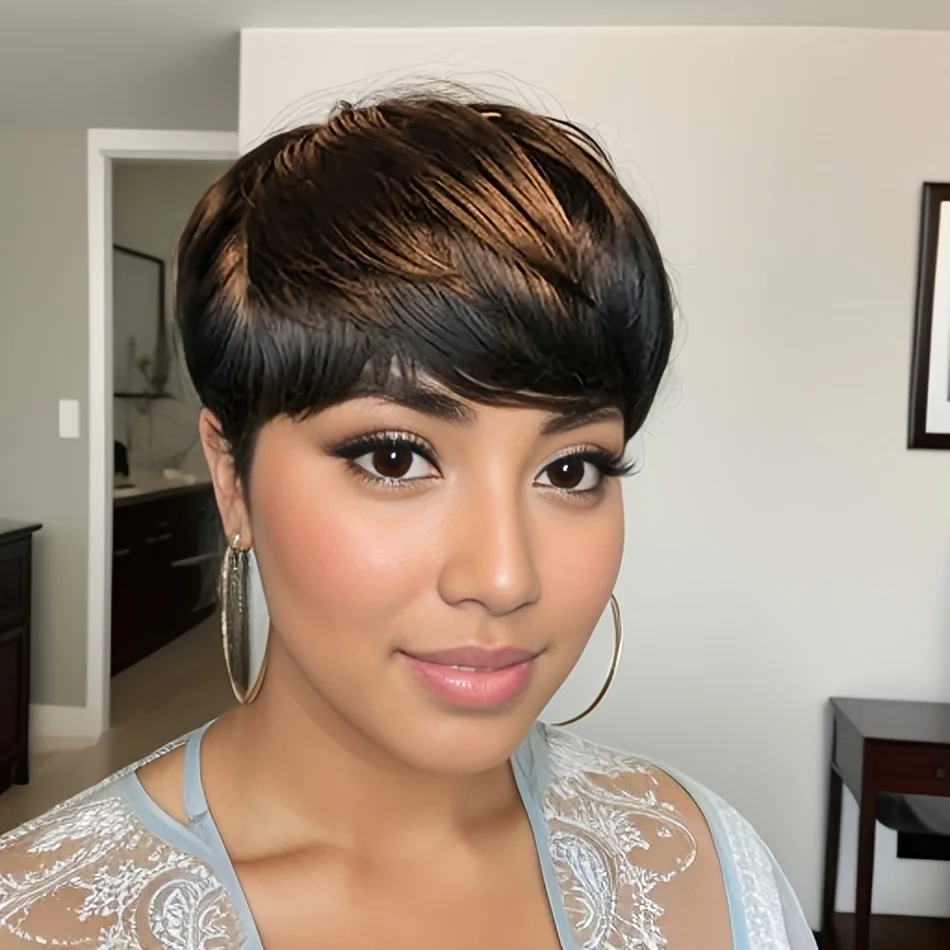 픽시컷 믹스 컬러 헤어스타일 짧은 스트레이트 인모 가발 (앞머리 포함) 여성용