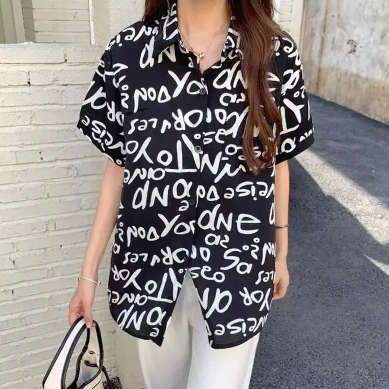 

Summer Hip Hop Women's Blouses Letter Full Print Pockets Shirts Street Fashion Tops Blusas Teenager Girls Daily Casual Clothes