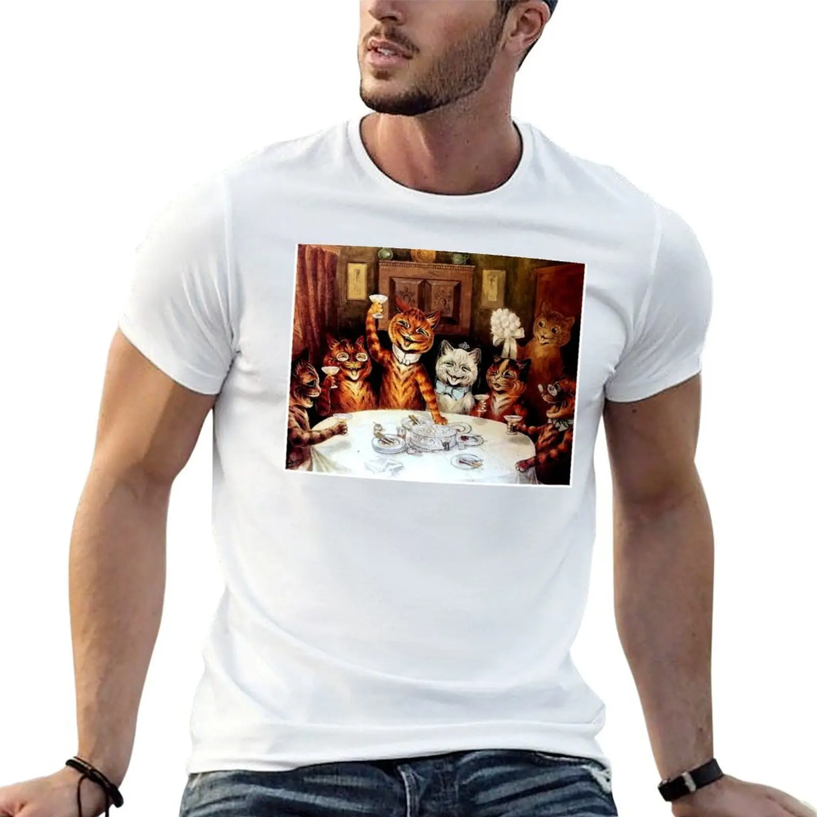 

CATS PARTYING : Vintage Art Painting by louis Wain Print T-Shirt man t shirt designer t shirts cotton 100% T-Shirt