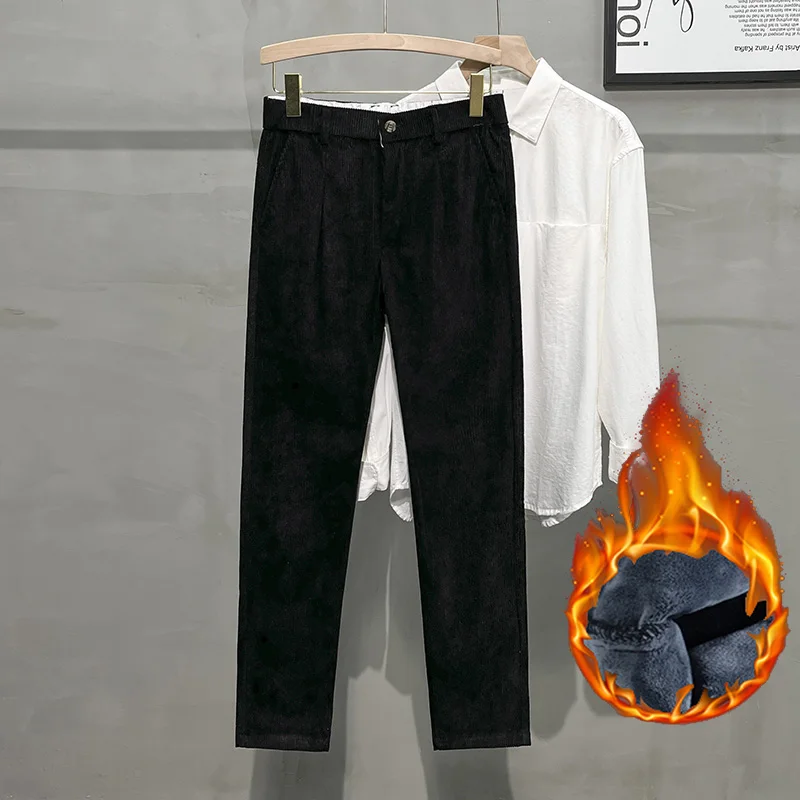 

2025 Men Snow Warm Plush Fleece Pants Stretch Corduroy Solid Casual Baggy Trousers Plush Thermal Winter Hot Sale Pants Male