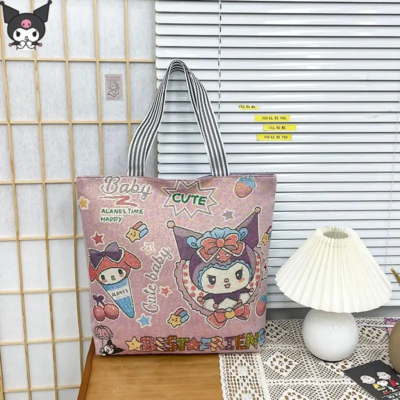 Kawaii Sanrio Kuromi Girl Canvas Embroidery Shopping Bag Shoulder Bag Hello Kitty Cartoon Cartoon Student Fashion Handbag Gift