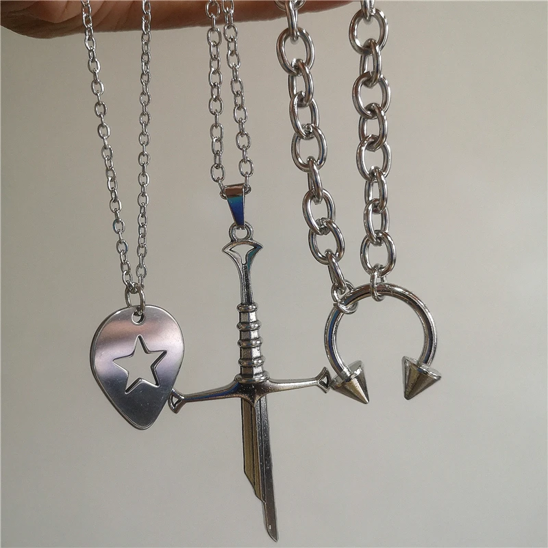 Punk Silver Color Broken Sword Star Pendant Chain Necklace For Men Women Personalized Hip Hop Gothic Vintage Neck Grunge Jewelry
