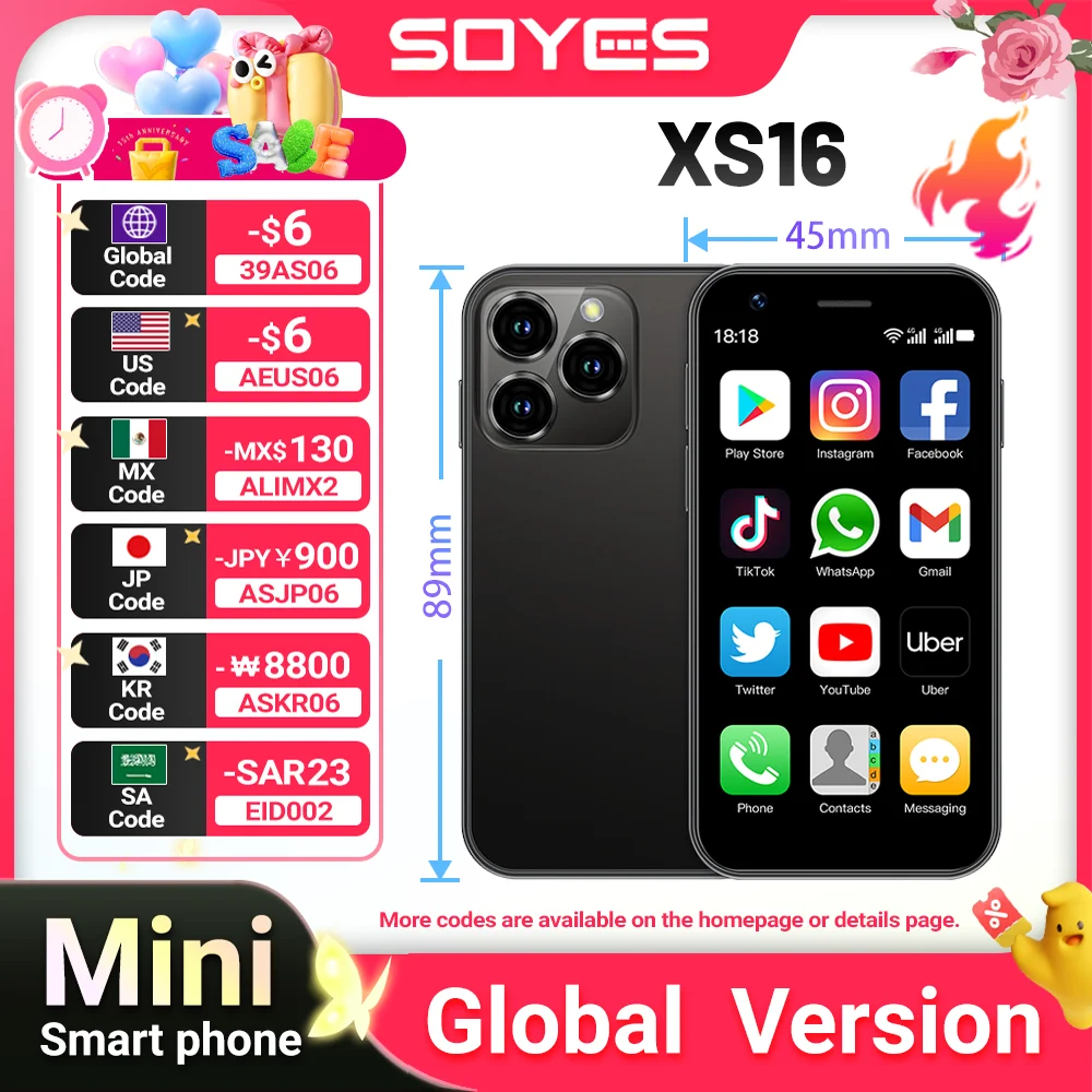 SOYES XS16 Mini 4G LTE Android10.0 Smartphone 3GB RAM 64GB ROM 3" Display 5MP Camera Dual SIM With Play Store WhatsAPP