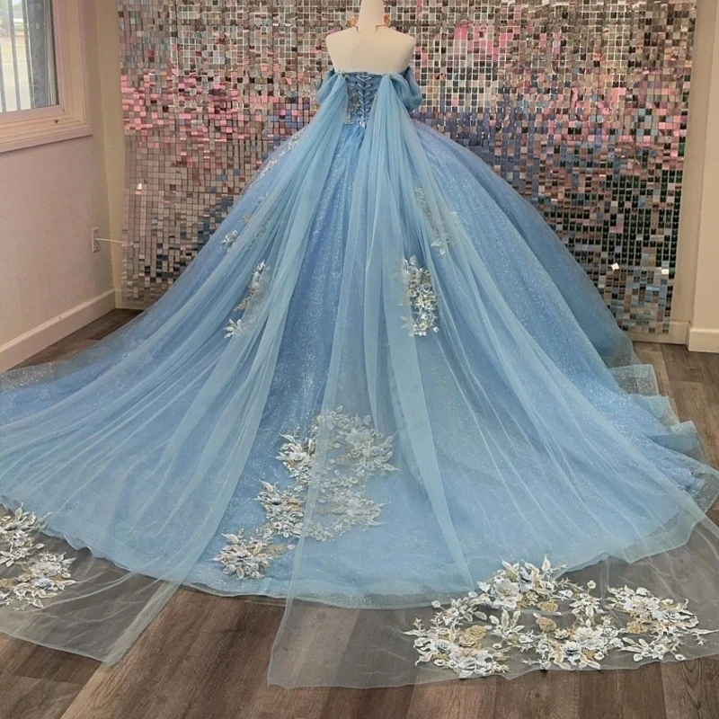 

Sky Blue Quinceanera Dresses With Cape 2024 Tulle Lace Up Appliques Beads Ball Gown Gillter Birthday Party Dress Vestidos De 15