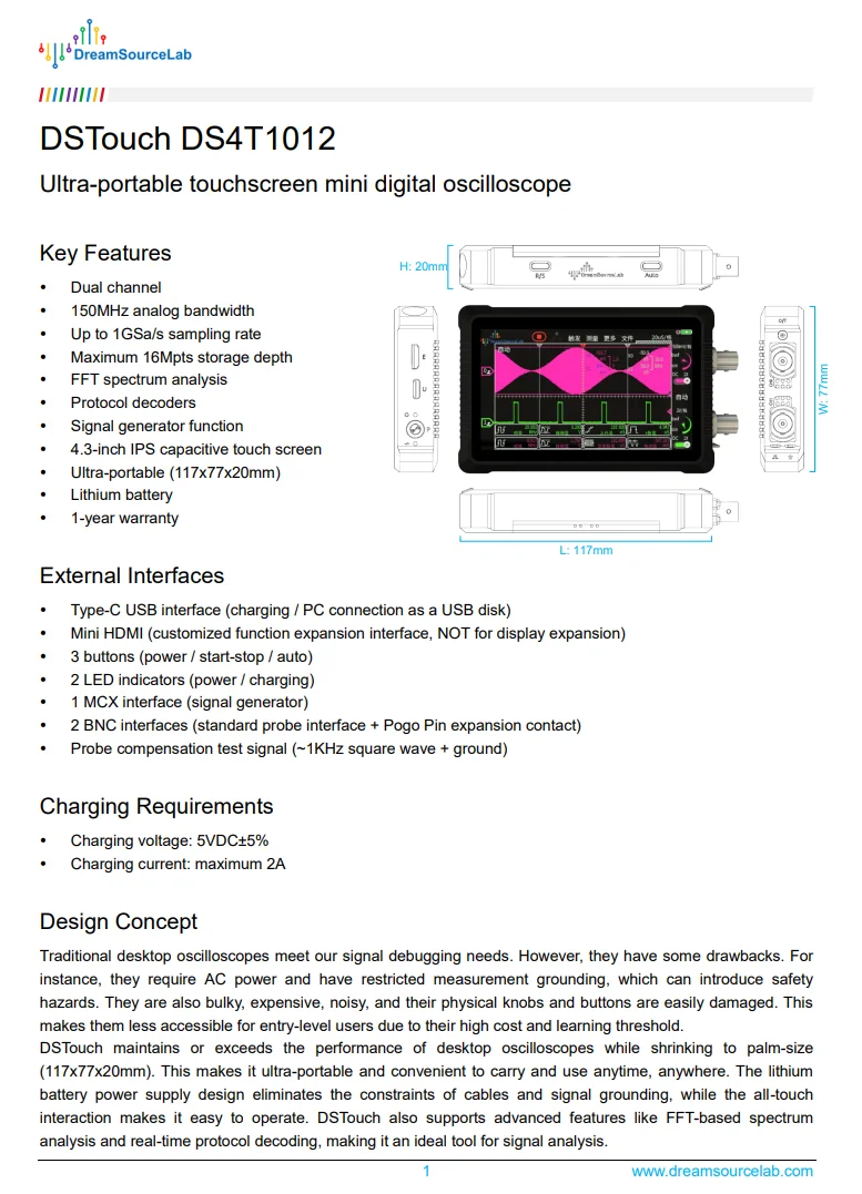 1GSa/s samplerate 150M bandwidth FFT Spectrum Analysis+Protocol Decoders Portable oscilloscope