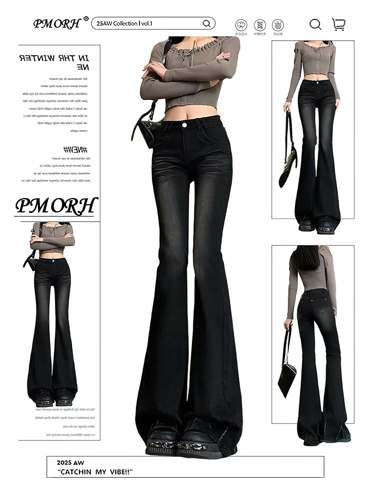 Retro American Grey Black Flared Denim Jeans Women's Autumn New Style Middle High School Students Equestrian Long Pants