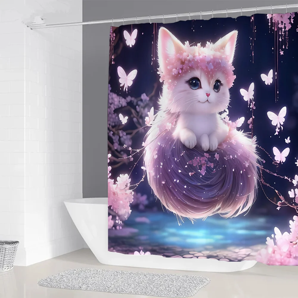 Kawaii Cat Shower Curtains for Bathroom Accessories Set Bath Curtain Bedrooms Folding Partition Things The Sets Full Luxury Home