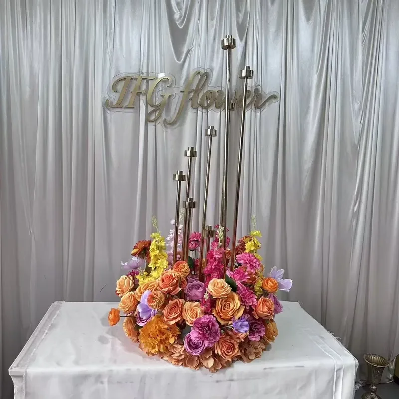 IFG Wholesale Gorgeous 60cm Diameter Hot pink and Orange Candlestick Artificial Flower Arrangement for Wedding Events
