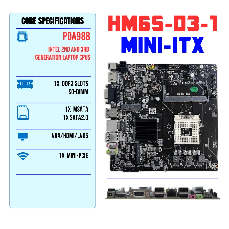 NEW PGA988 HM65 1X DDR3 SO-DIMM Mini-ITX Motherboard support Intel 2th–3th Gen Laptop CPUS MSATA SSD MINI-PCIE WiFi