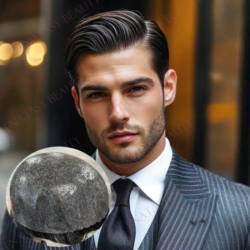 

Durable Indian Human Hair Black Brown Grey 1B10 1B20 Man's Wigs Replacement Undetectable Silicon Toupee Poly Skin Natural Hair