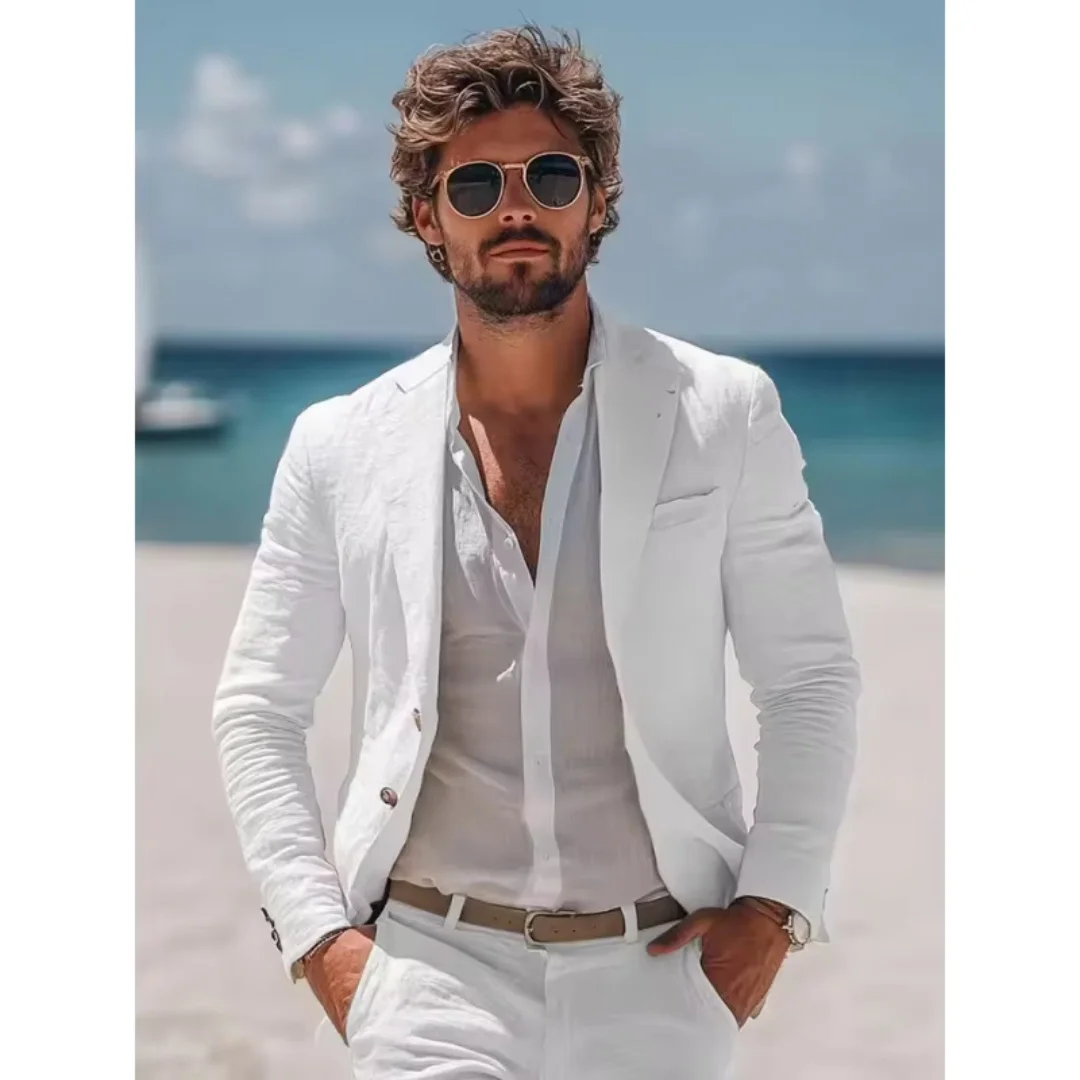 

White Linen 2 Piece Men Suits Notch Lapel Two Buttons Jacket Pants Slim Fit Groom Tuxedos Set Wedding Party Summer Costume Homme