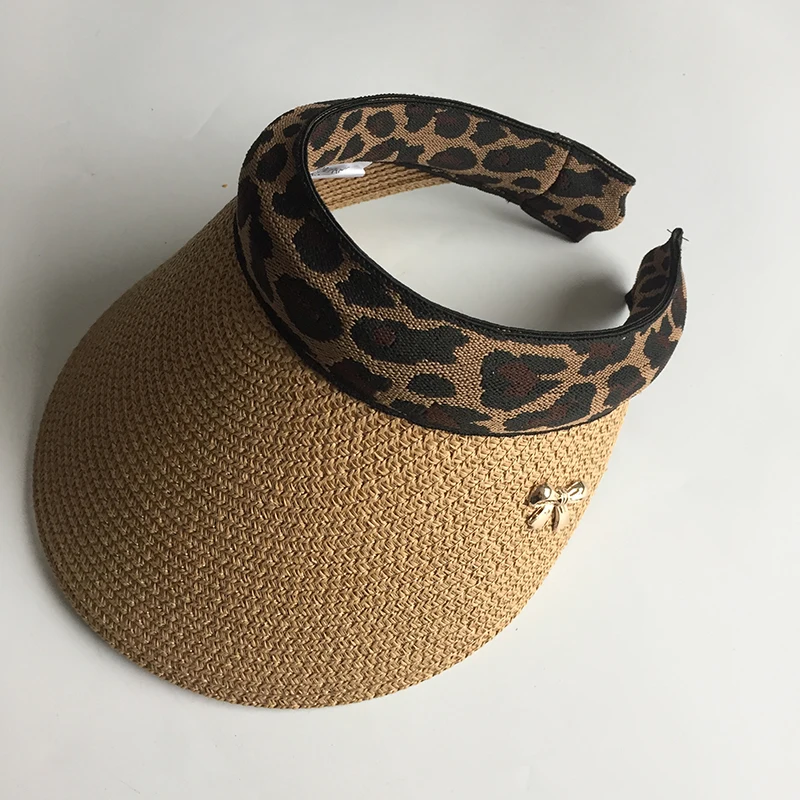 2019 New Woman\'s Sun Hats Female Leopard Bowknot Visor Caps Hand Made DIY Straw Summer Cap Casual Shade Hat Empty Top Hat Beach