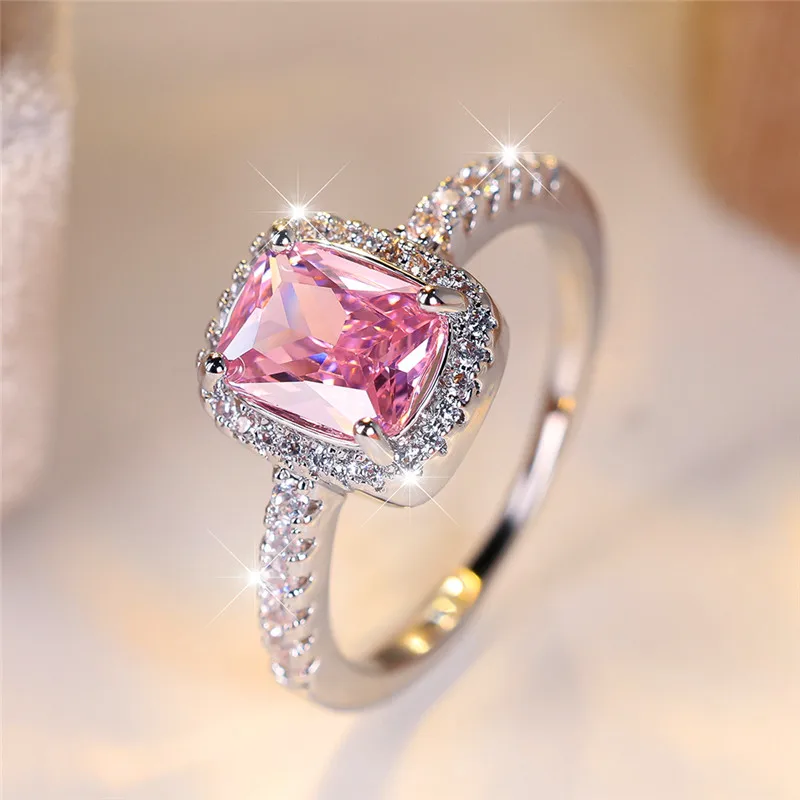 Luxury Female Girl Big Crystal Pink Square Zircon Stone Ring Silver Color Wedding Jewelry For Women